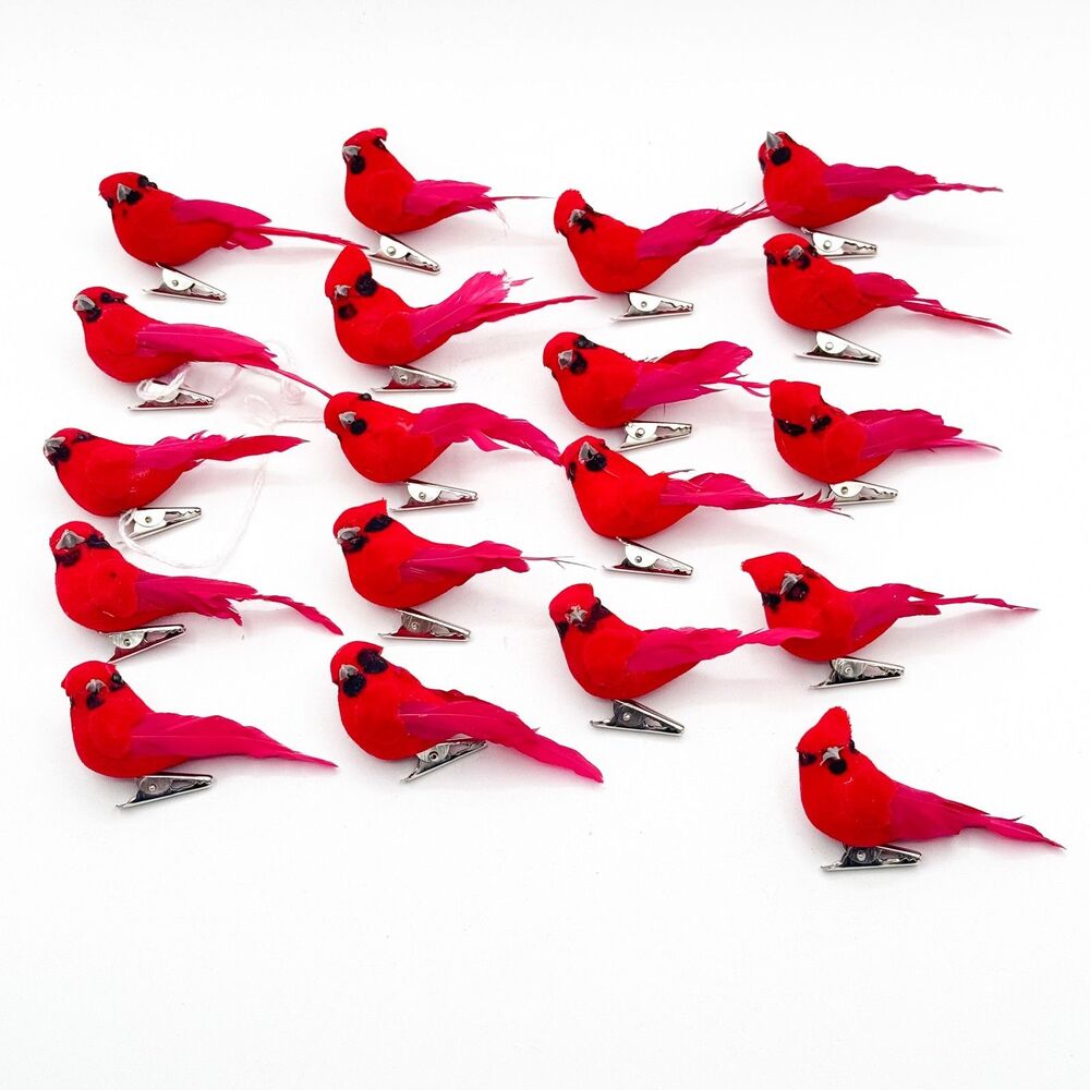 Red Cardinal Clip On Christmas Ornaments Feather Wings Red Birds Set of 19